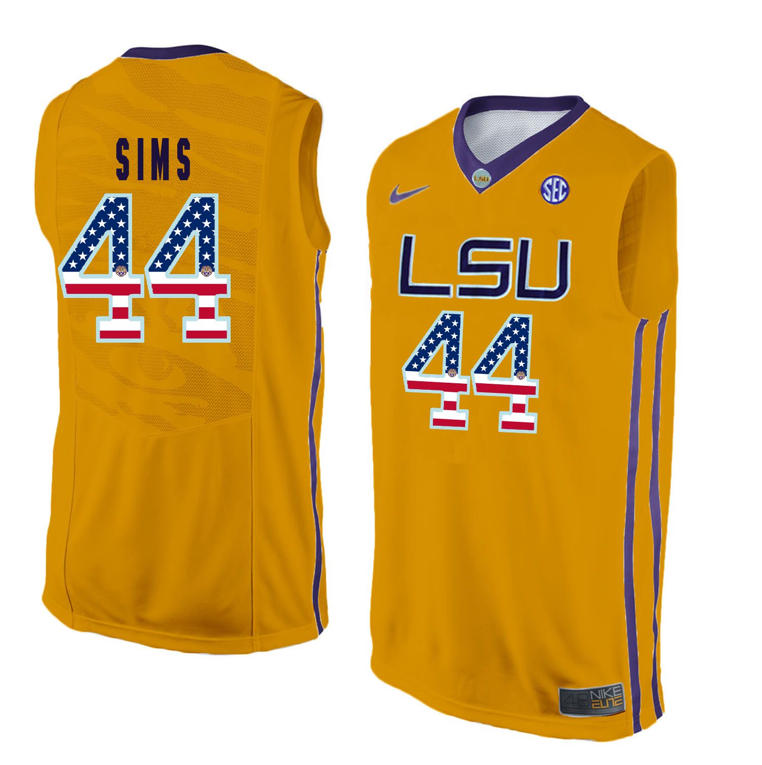 Men LSU Tigers 44 Sims Yellow Flag Customized NCAA Jerseys